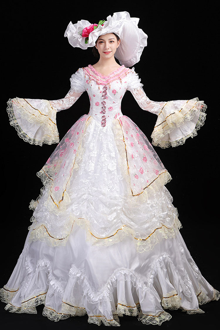 White Hime Sleeves High Waisted Lace Stitching Flower Print Victorian Lolita Prom Tiered Dress