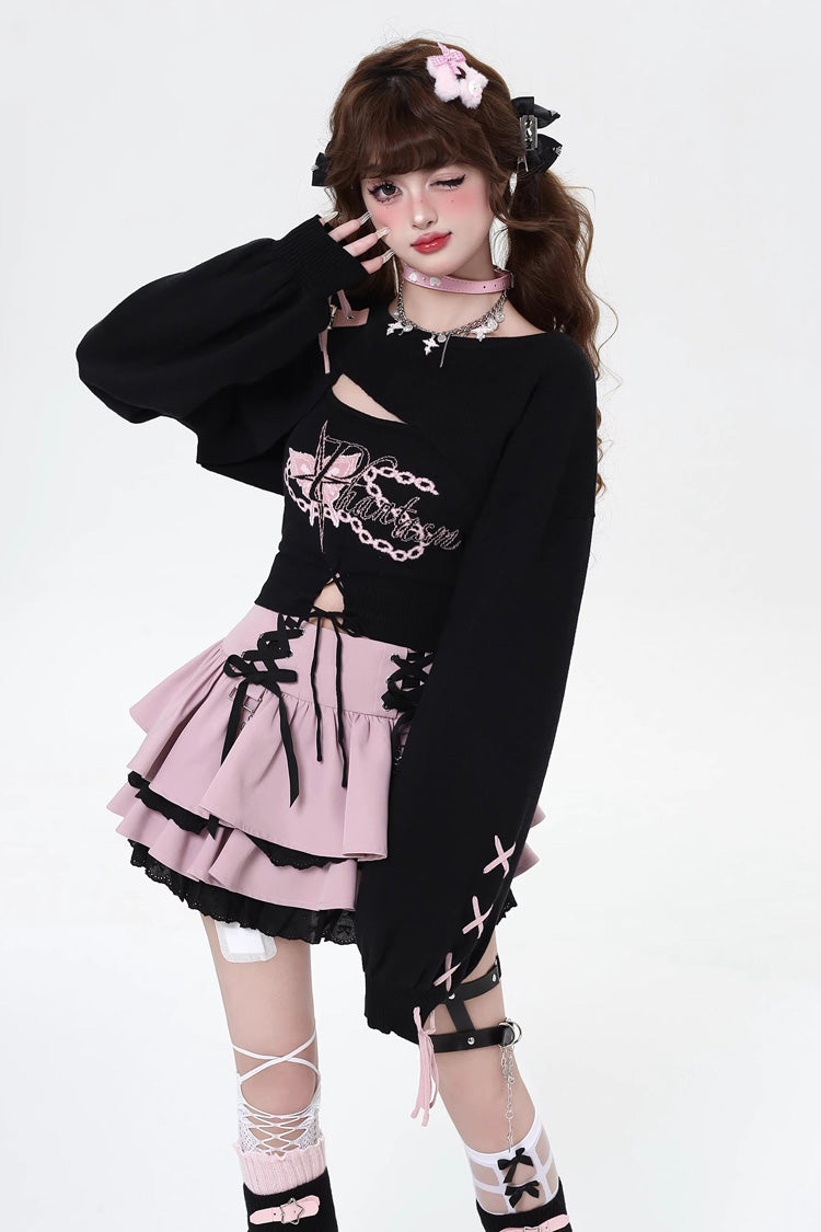 Rebellious Period Double-Layered Ruffle Lace-Up Gothic Japanese Lolita Skirt 3 Colors