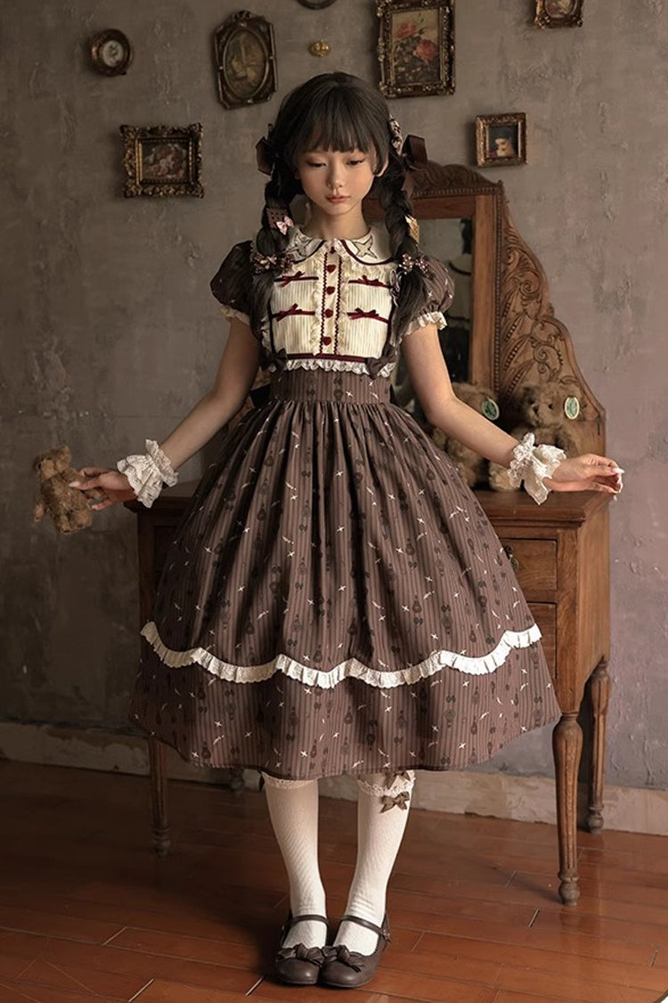 Brown Moro Coco Hot Air Balloon Print Ruffle Bowknot Sweet Elegant Princess Lolita Dress Long Version
