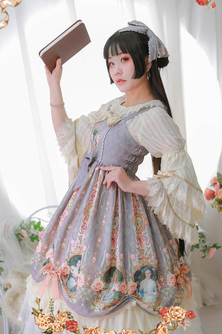 Portrait of A Little Lady Print Ruffle Bowknot Lace Classic Vintage Elegant Lolita Jsk Dress 3 Colors