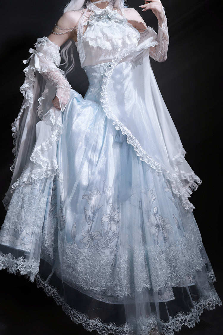Blue Snow Lily Print Ruffle Hanayome Embroidery Bowknot Lace-Up Sweet Elegant Princess Lolita Skirt Set