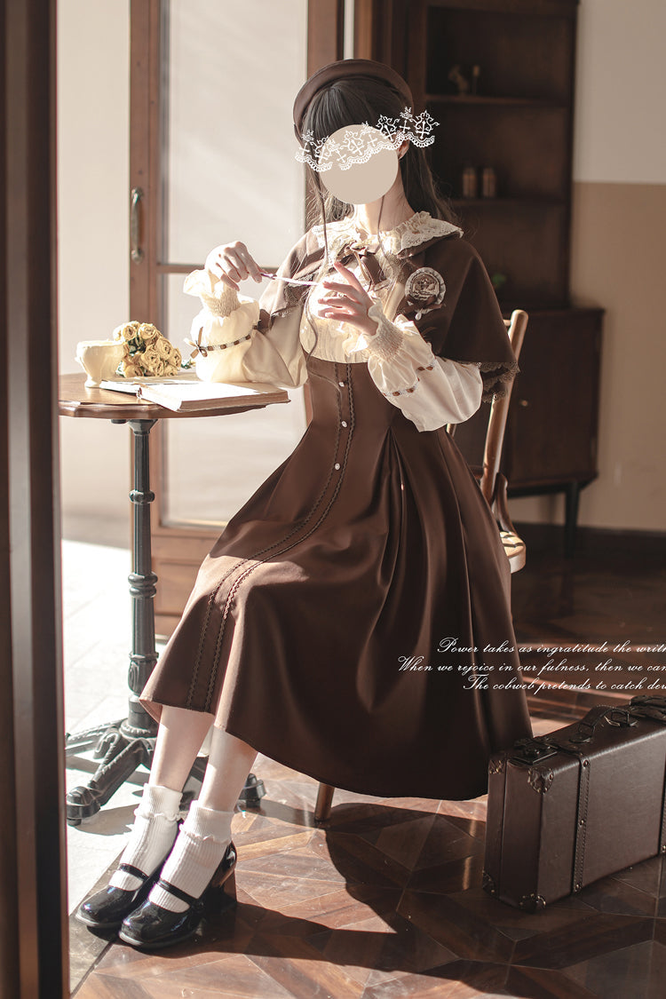 Brown/White Sunset Academy Long Sleeves Ruffle Bowknot Fake Two Pieces Vintage College Style Elegant Lolita Dress