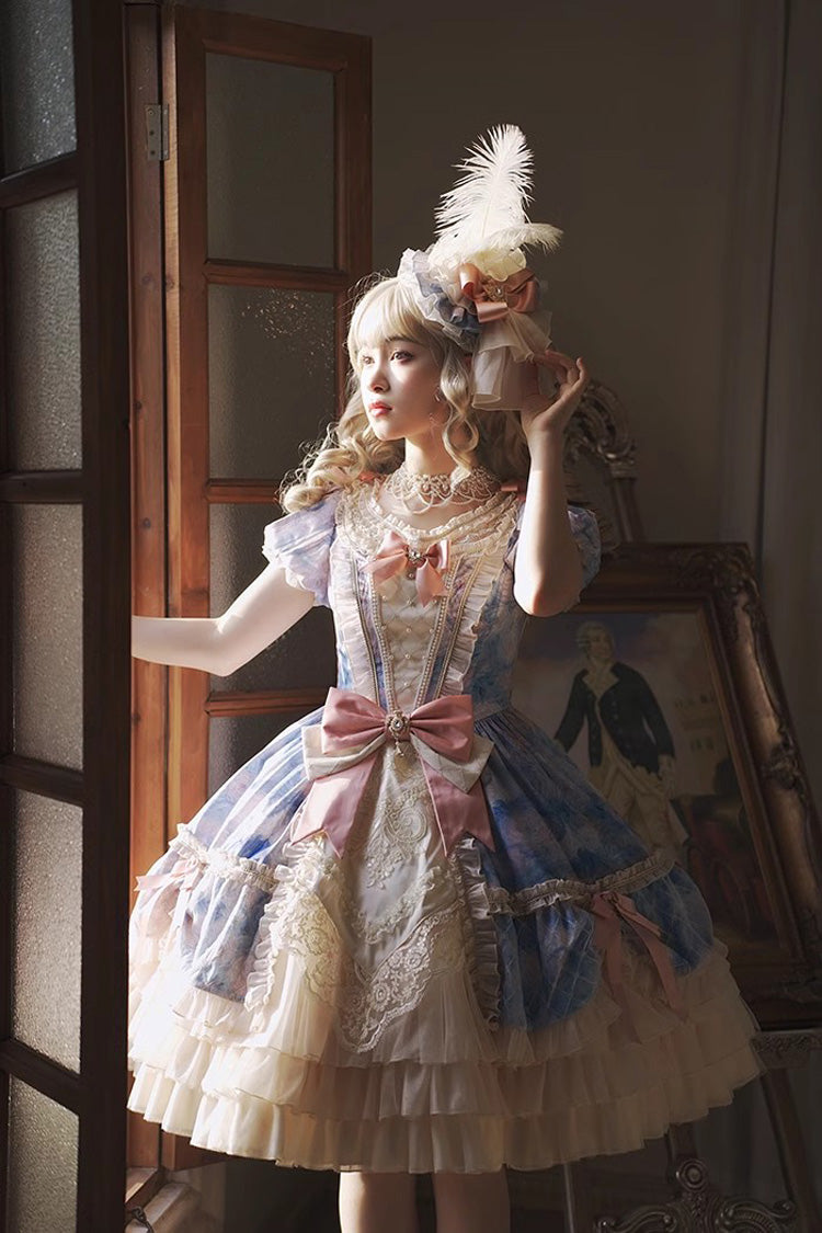 Angel Heart Sky Oil Painting Print Ruffle Cardigan Bowknot Sweet Princess Lolita Dress 3 Colors