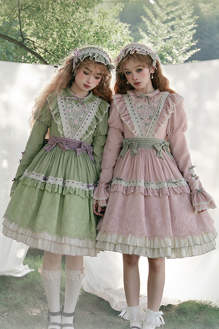 Green Solitary Orchid In Quiet Valley Long Sleeves Multi-Layered Embroidery Bowknot Sweet Lolita Dress