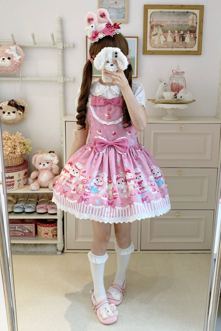 Pink Cupid Bunny Printed Sleeveless Bow Sweet Princess Lolita Strap Dress