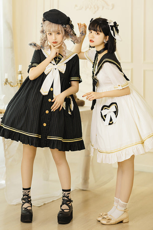 Chest Cross Striped Short Sleeve Gothic Lolita Dress
