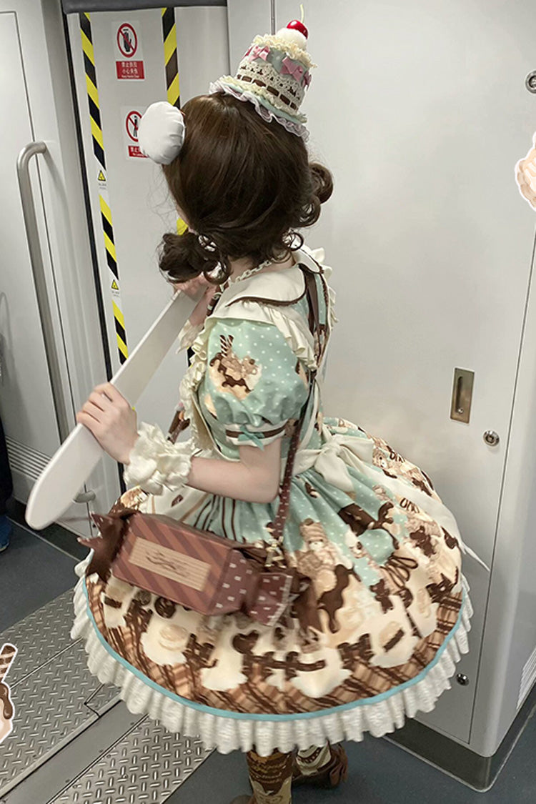 Brown Peppermint Chocolate Chocolate Cake Bear Print Ruffle Bowknot Lace-Up Sweet Lolita Dress