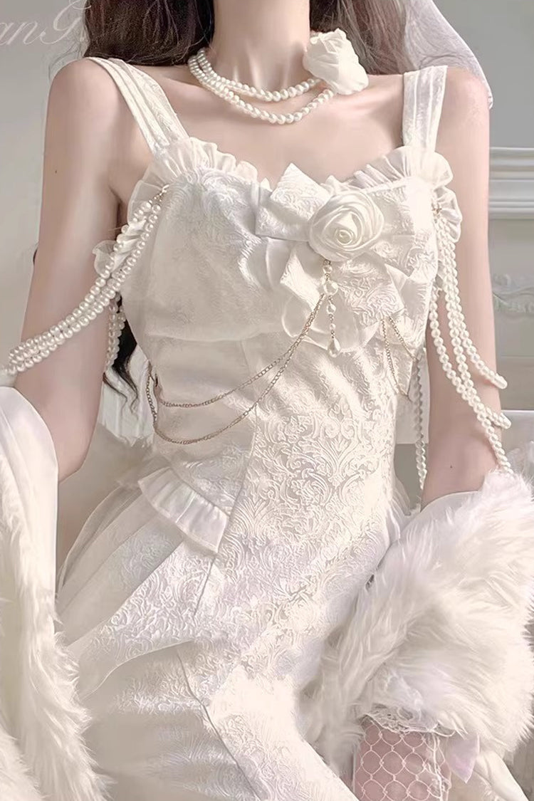 White Camellia 1.0 Sleeveless Jacquard Ruffle Lace Sweet Chinese Style Lolita Jsk Fishtail Dress