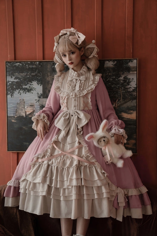 Pink Round Collar Bowknot Long Sleeves Multi-Layer Ruffled Sweet Lolita OP Dress