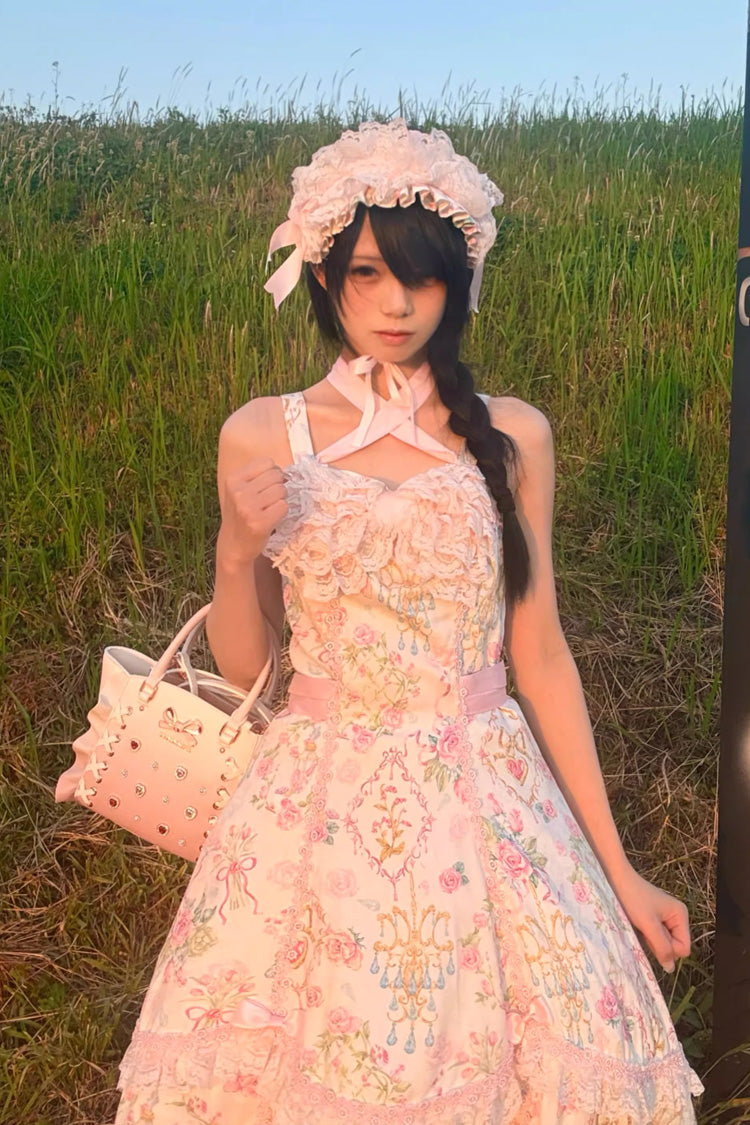 White/Pink Sleeveless Flower Wall Print Ruffle Bowknot Lace Sweet Lolita Jsk Dress