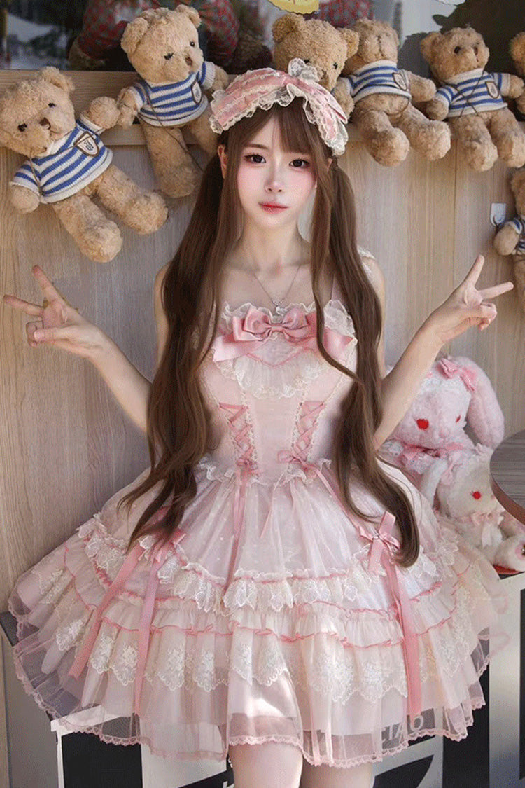 Pink Candy House Sleeveless Ruffle Bowknot Lace Lace-Up Sweet Lolita Jsk Dress