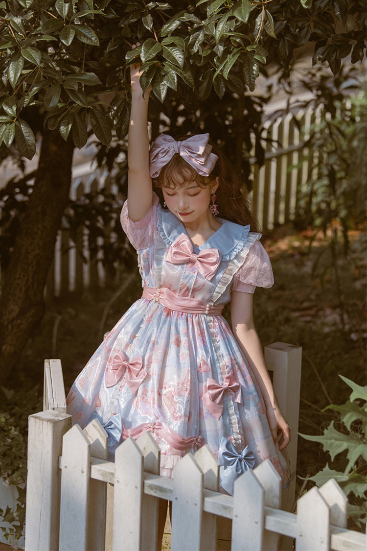 Pink/Blue Doll Collar Short Sleeves Rabbit Candy Paper Print High Waisted Sweet Lolita OP Dress