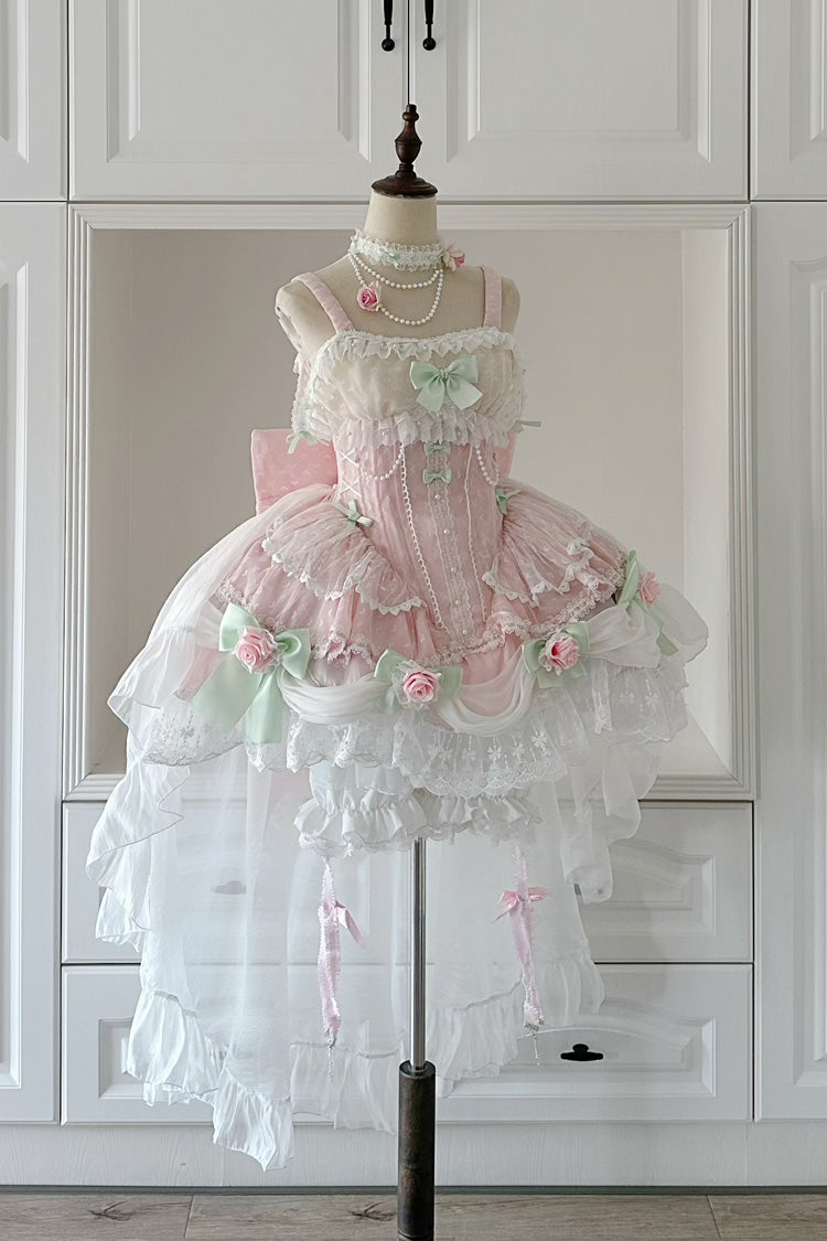 Pink Honey Rose Sleeveless Ruffle Embroidery Bowknot Lace Pearl Sweet Lolita Jsk Dress