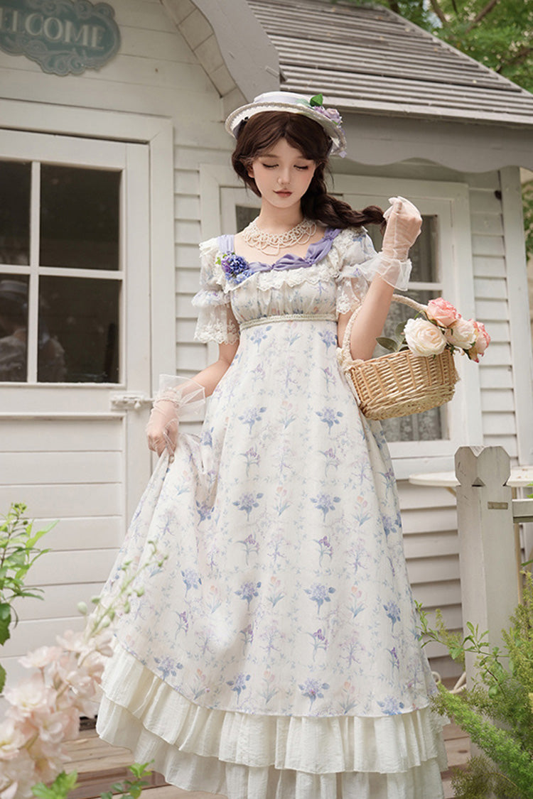 Purple/Ivory Iris Secrets Short Sleeves Double-Layered Print Ruffle Bowknot Lace-Up Sweet Lolita Dress