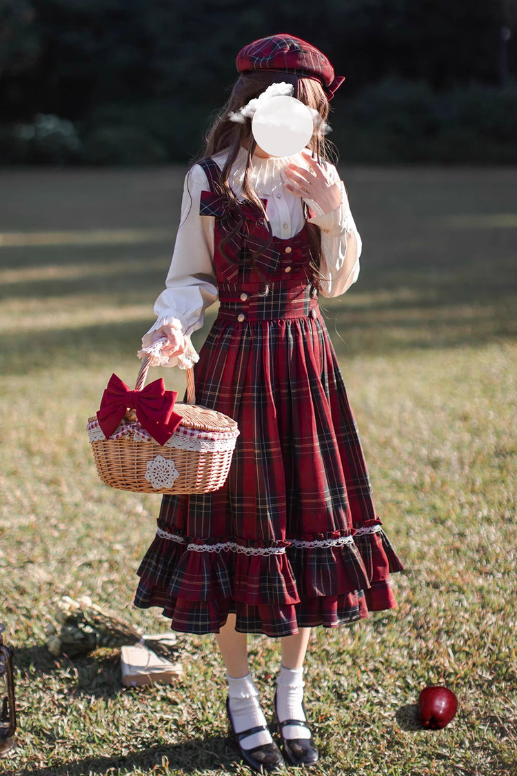 Red Little Red Riding Hood Double-Layered Plaid Print Ruffle Bowknot Sweet Vintage Lolita Jumper Dress