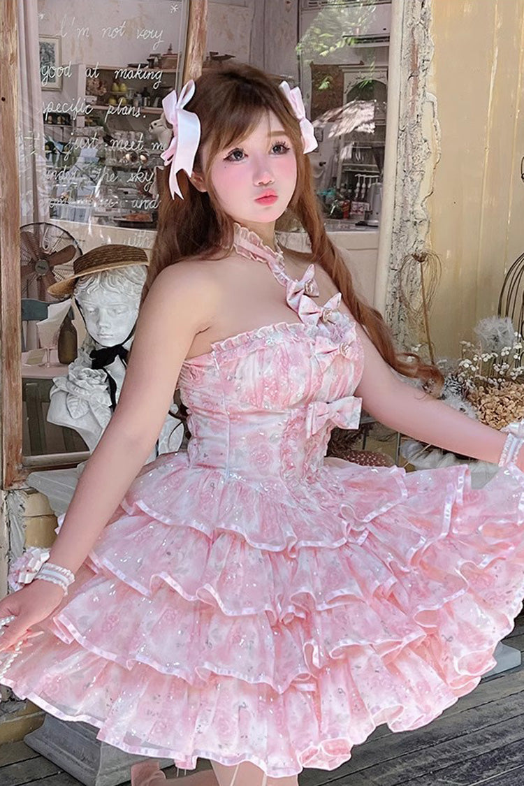 Pink Broken Silver Rose Halterneck Sleeveless Multi-Layered Ruffle Bowknot Sweet Princess Lolita Tiered Dress