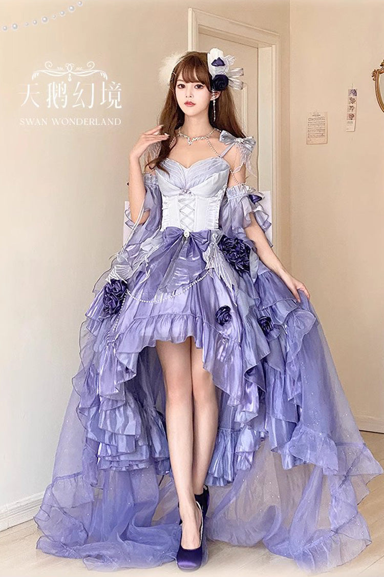 Misty Purple Swan Wonderland Embroidery Bowknot Lace-Up Short Front Long Back Irregular Sweet Ballet Lolita Jsk Dress