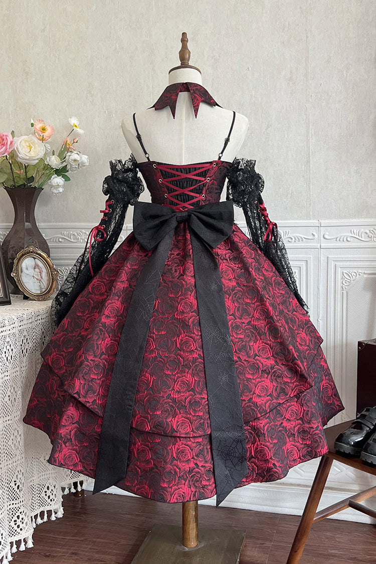 Black/Red Weeping Rose Jacquard Print Ruffle Cardigan Bowknot Lace-Up Gothic Lolita Dress