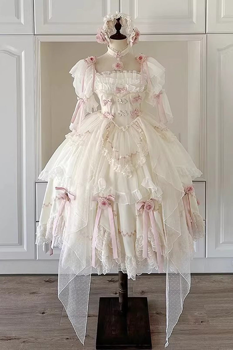 White Mist and Tulle Square Collar Multi-Layered Ruffled Hanayome Bow Lace Sweet Princess Gorgeous Lolita Dress