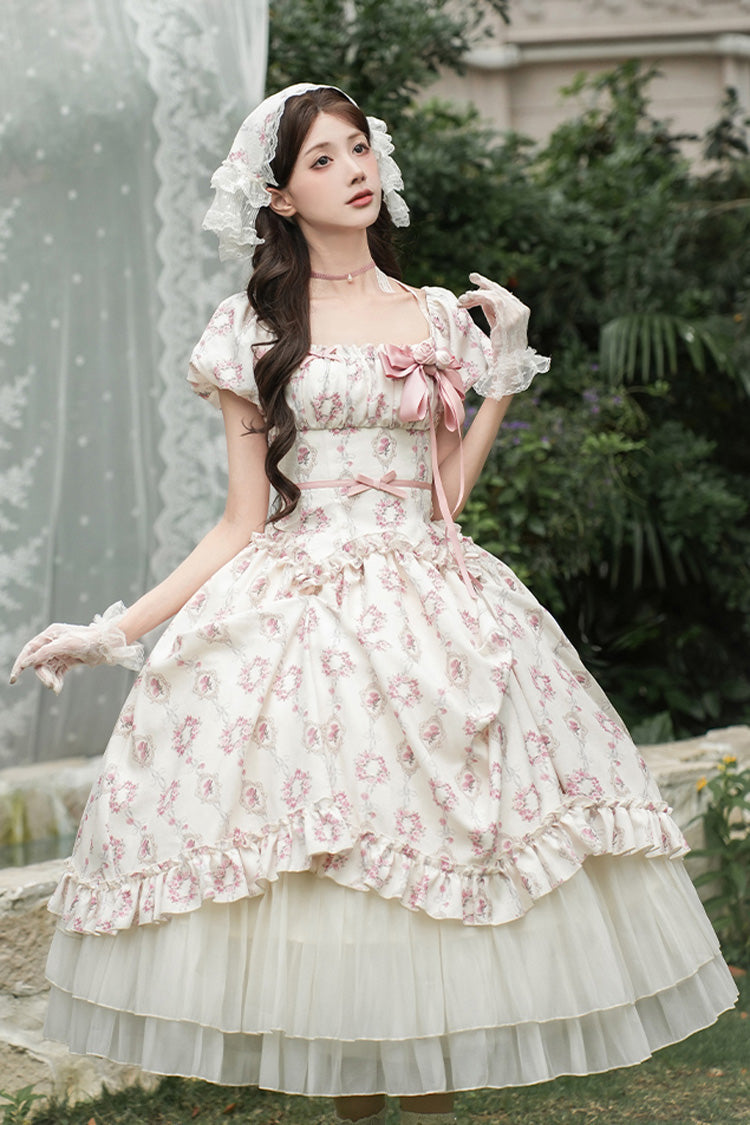 Ivory Rose After The Rain Short Sleeves Triple-Layered Print Ruffle Bowknot Lace-Up Sweet Lolita Long Dress
