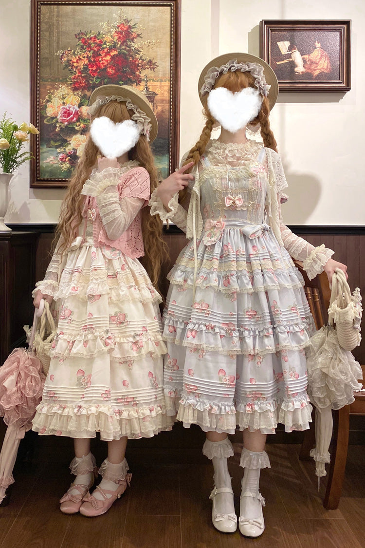 Strawberry Garden Sleeveless Multi-Layered Printed Ruffled Bow Sweet Lolita Jsk Dress 2 Colors