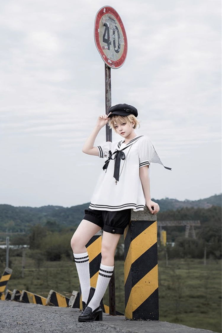 Black/White Old Stories Navy Collar Short Sleeves Bowknot Ouji Gothic Lolita Blouse Shorts Set