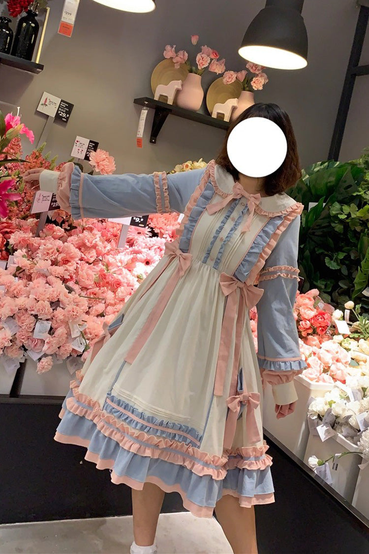 Blue/Pink Sweetheart Puff Doll Collar Long Sleeves Ruffle Bowknot Sweet Plus Size Lolita Dress