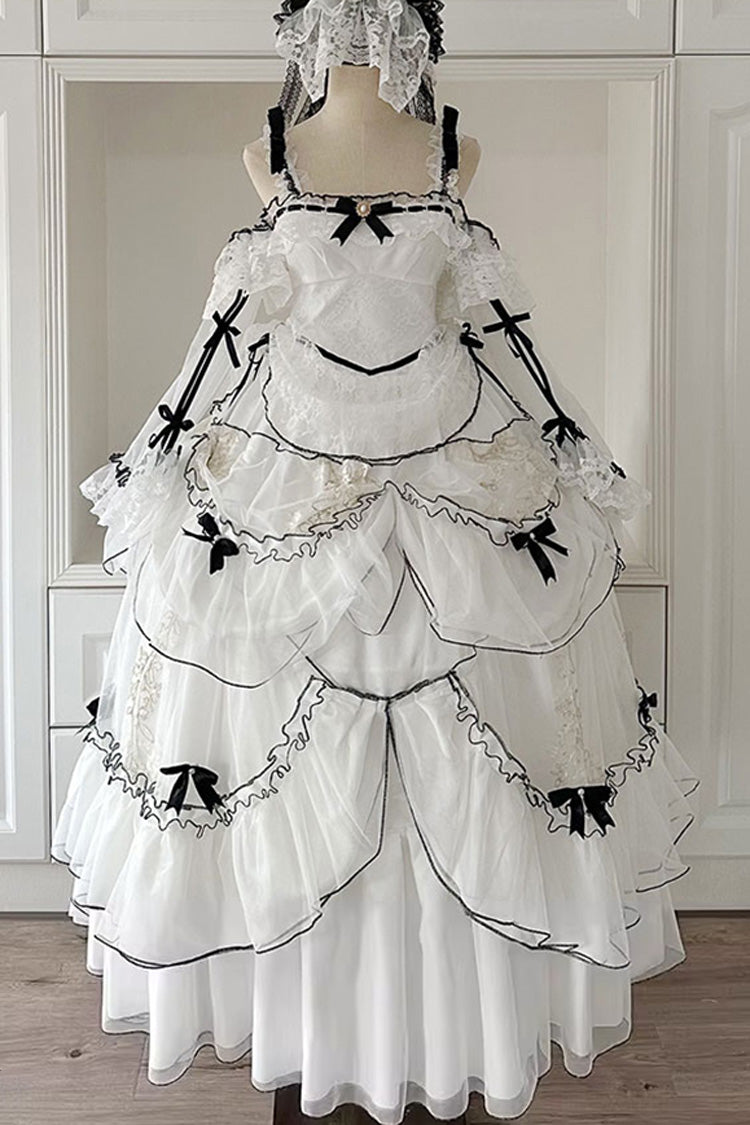 White Cascade Poem Sleeveless Multi-Layered Ruffle Hanayome Bowknot Lace Gothic Plus Size Gorgeous Lolita Jsk Long Dress