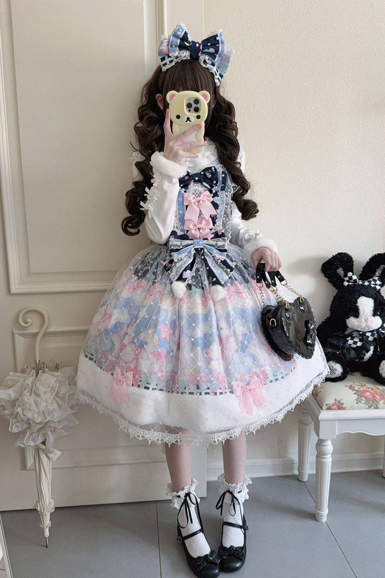 Dark Blue Candy Mary Cat Printed Ruffled Embroidered Bow Lace Sweet Lolita Jsk Dress