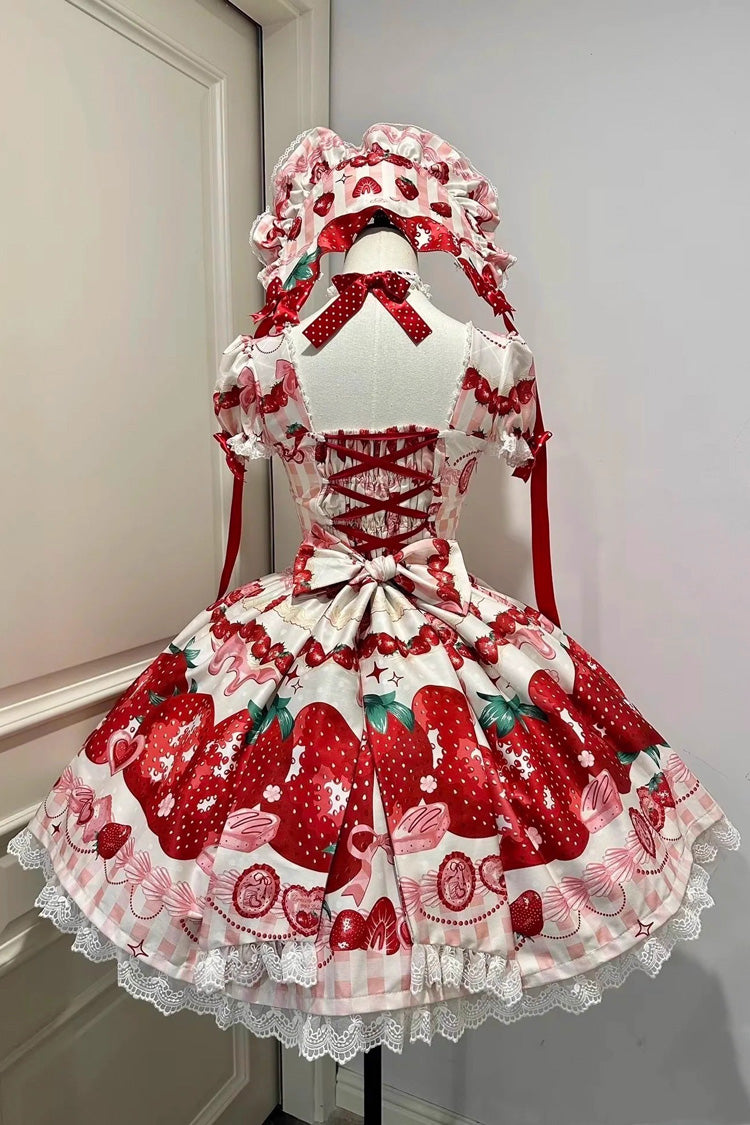 Dream to Strawberry Print Short Sleeves Ruffle Bowknot Lace Sweet Lolita OP Dress 4 Colors
