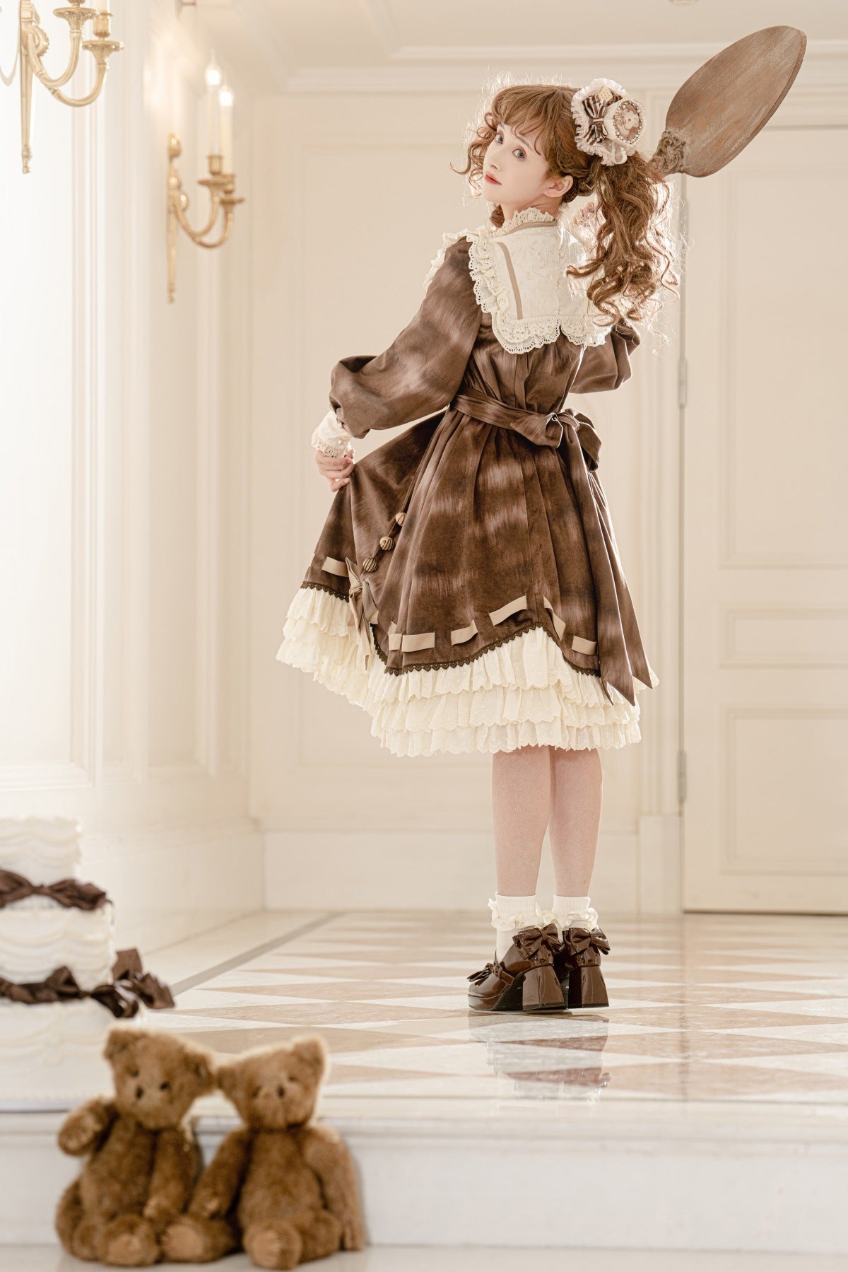 Brown Chocolate Cat Print Long Sleeves Ruffle Bowknot Sweet Lolita Dress