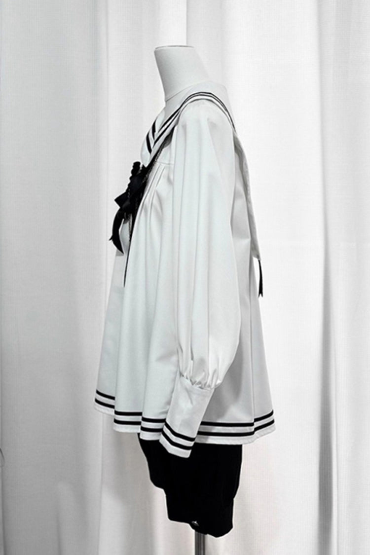 Black/White Old Stories Navy Collar Long Sleeves Bowknot Ouji Gothic Lolita Blouse Shorts Set