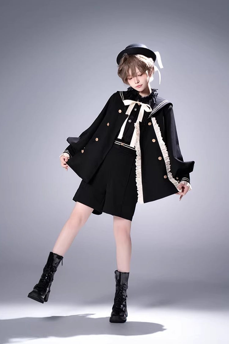 Black City of Mist Navy Collar Long Sleeves Gothic College Style Prince Ouji Lolita Shorts Coat Set