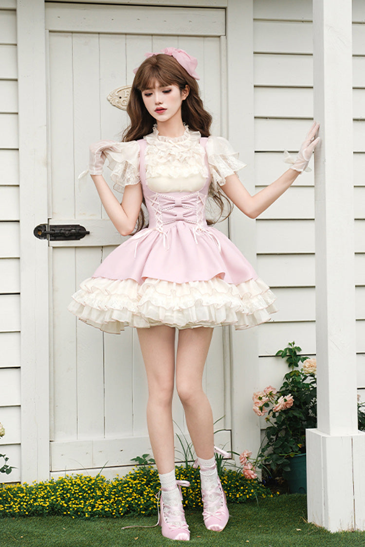 Pink Love Diary Multi-Layered Ruffle Bowknot Lace-Up Sweet Lolita Jsk Bustier Dress
