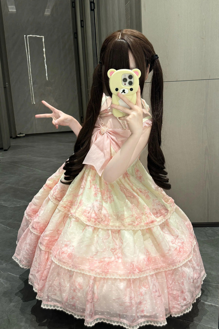 Pink Print Embroidery Bowknot Lace Sweet Princess Lolita Jsk Dress