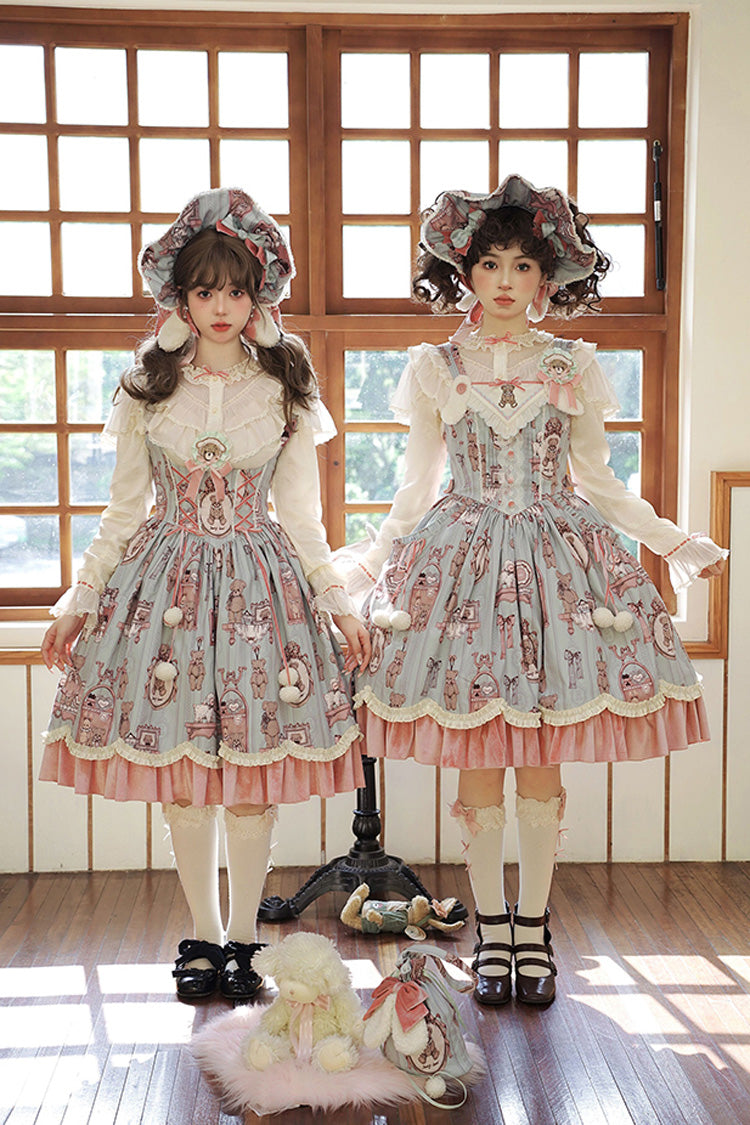 Pink/Green Bear Doll Wall Print Ruffle Embroidery Bowknot Sweet Lolita Jsk Dress