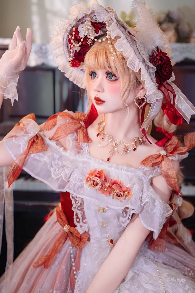 Red Glazed Phantom Off Shoulder Ruffle Hanayome Bowknot Lace Sweet Elegant Lolita Dress