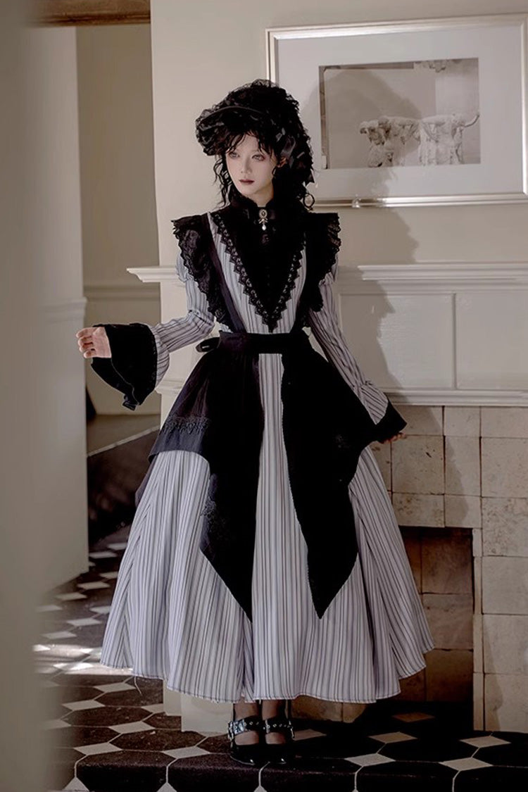 Light Grey Nocturne Vertical Stripes Print Ruffle Bowknot Lace Gothic Lolita Dress 2 Versions