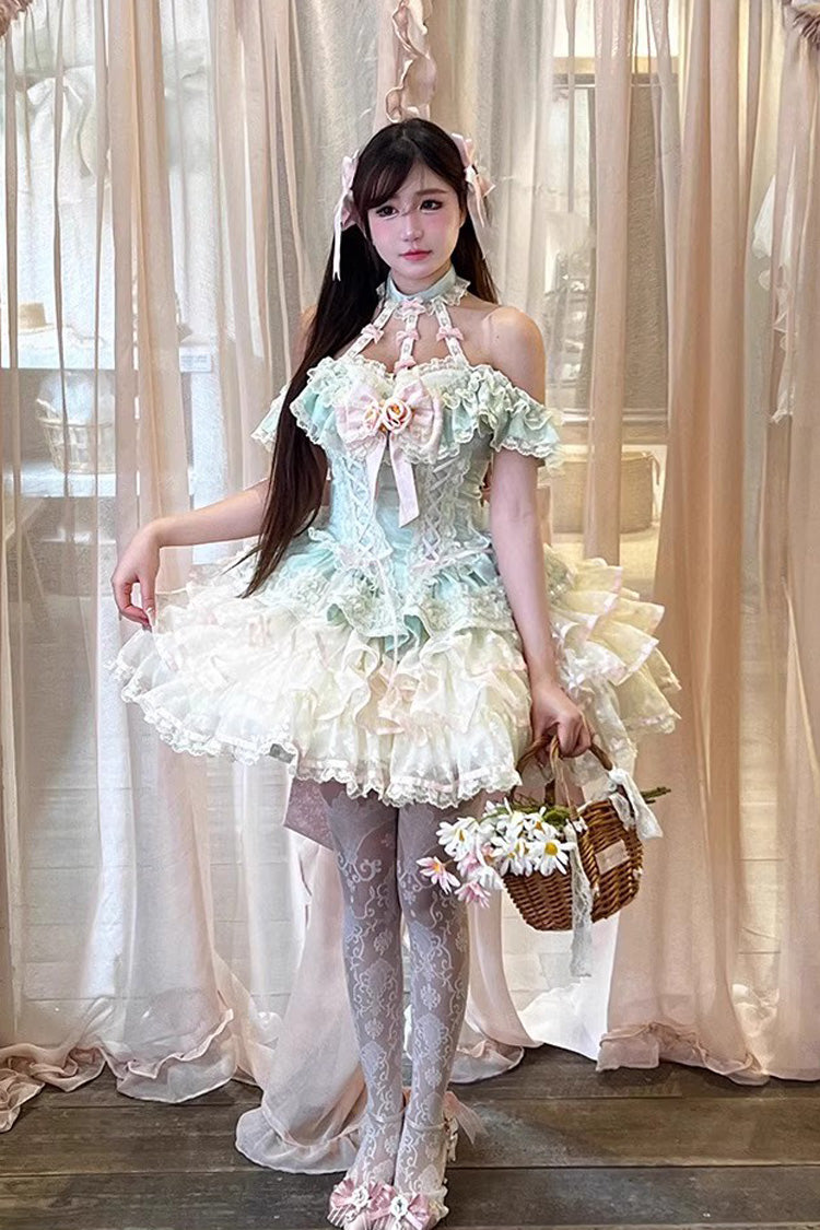 Green Flower Language of Eros Halterneck Multi-Layered Ruffle Bowknot Rose Lace Lace-Up Sweet Ballet Lolita Jsk Dress
