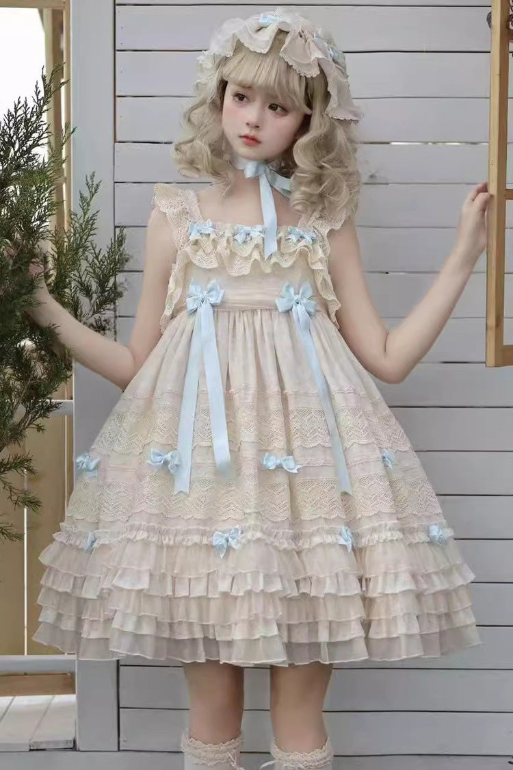 Beige Little Wind Chime Sleeveless Multi-Layered Printed Ruffled Bow Lace Sweet Elegant Princess Lolita Jsk Dress