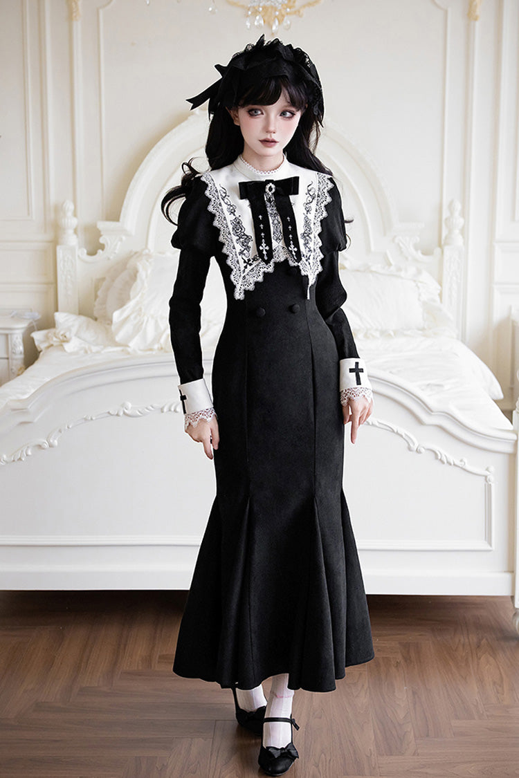 Black/White Rose Doll Square Collar Long Sleeves Bowknot Lace-Up Gothic Lolita Dress Set 2 Versions