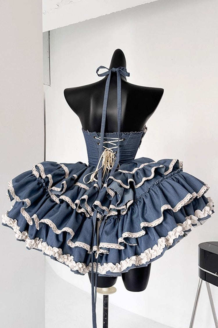 Blue Milk Rabbit Theater Halterneck Sleeveless Triple-Layered Ruffle Bowknot Lace-Up Sweet Lolita Jsk Dress