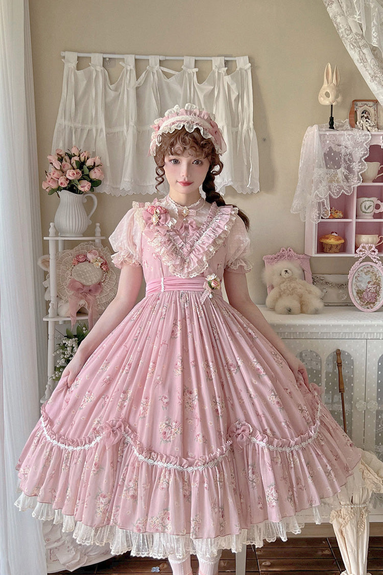 Daydream Rose Short Sleeves Floral Jacquard Print Ruffle Embroidery Bowknot Sweet Lolita Dress 3 Colors