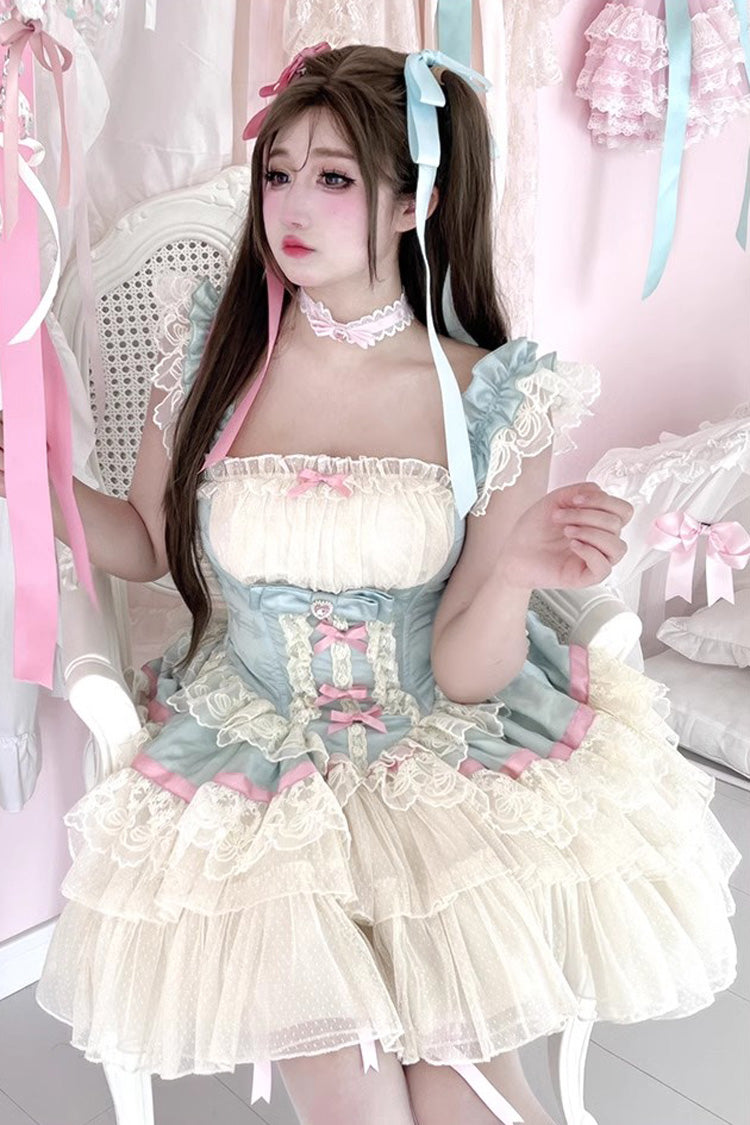 Blue/White Girly Scent Triple-Layered Ruffle Bowknot Lace Sweet Ballet Lolita Dress