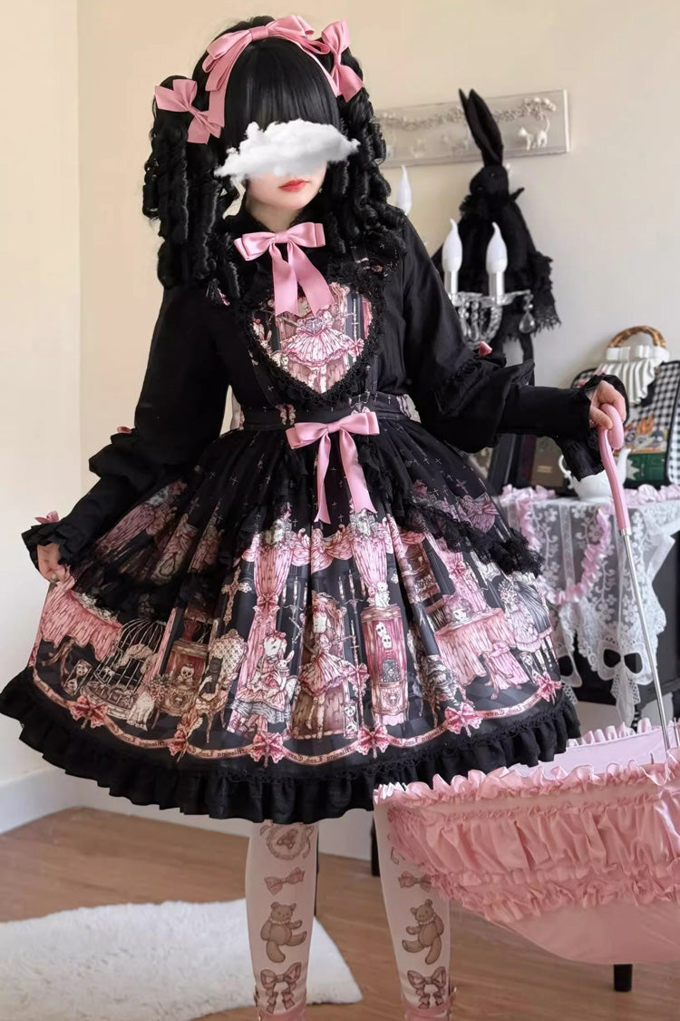 Black The Case of the Missing Lamb Print Ruffle Bowknot Lace Gothic Lolita SK Skirt