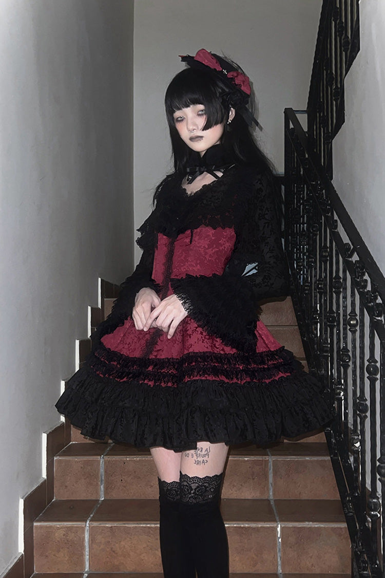 Escape Double-Layered Jacquard Striped Printed Ruffled Slim Gothic Lolita Jumper Dress 3 Colors