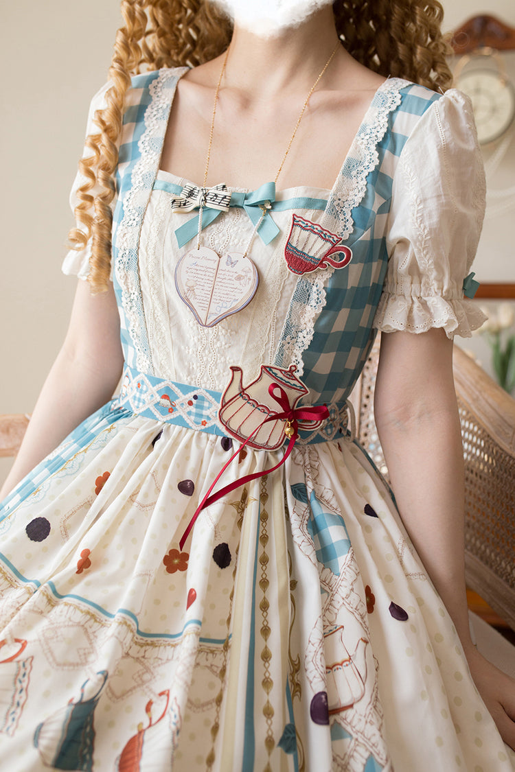 Blue/Green Tea Party Short Sleeves Print Ruffle Bowknot Lace Sweet Elegant Lolita Dress