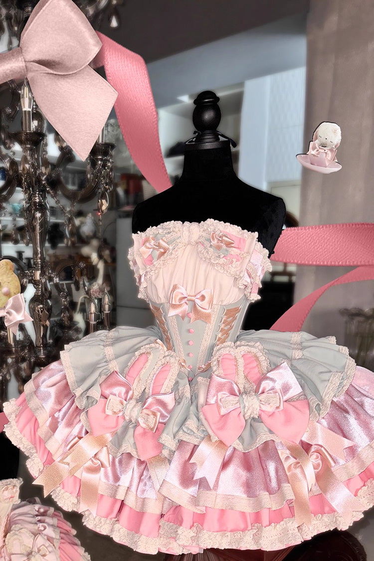 Ribbon Dance Multi-Layered Ruffle Bowknot Lace-Up Sweet Princess Lolita Dress 3 Colors