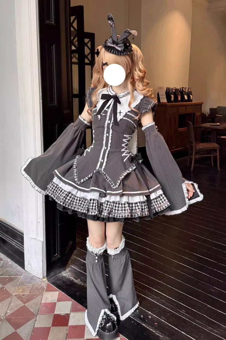 Black Berlin Covenant Detachable Sleeves Hime Sleeves Print Ruffle Bowknot Lace-Up Gothic Lolita Dress Set