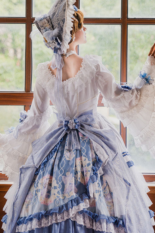 Blue/White Three Dimensional Flower Embroidery Hanayome Long Sleeves Bowknot Multi-Layer Ruffled Sweet Lolita OP Dress